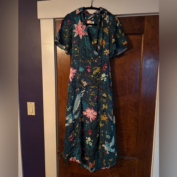 Maeve Anthropologie Teal Silky Buttonfront Shirt Dress Green Multi Floral - Picture 6 of 14